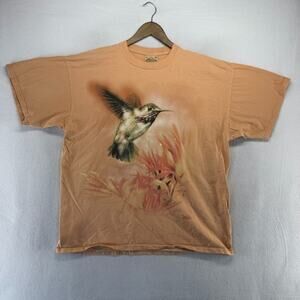 Vintage Hummingbird Shirt men's XL Orange Peach Greg Giordano Graphic Floral y2k